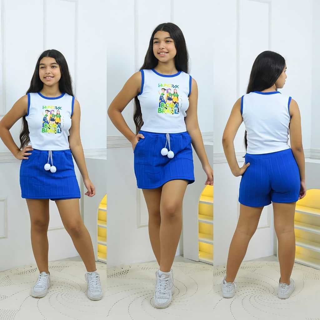 Conjunto Infantil juvenil feminino  Copa Brasil  Short Saia + Regata K-Pop meninas