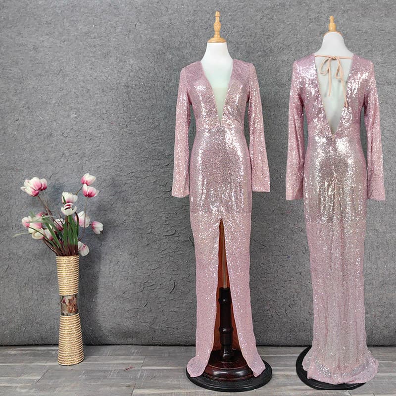 Vestido de lantejoulas rosa com decote em v profundo, tamanho grande, Slim fit, saia longa, simples, boate, ktv, Show, f