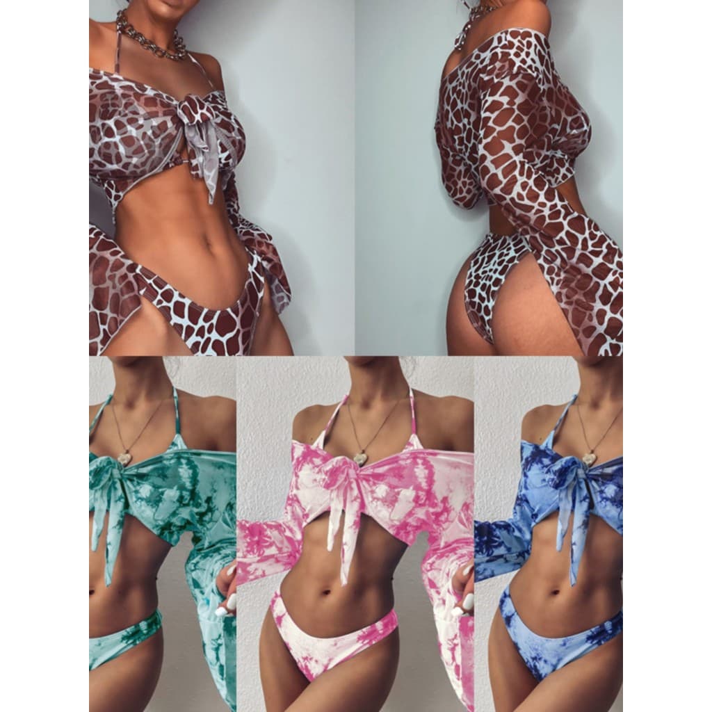 2020 europeu americano de venda quente feminino Split maiô de manga comprida três peças leopardo impressão biquíni senho