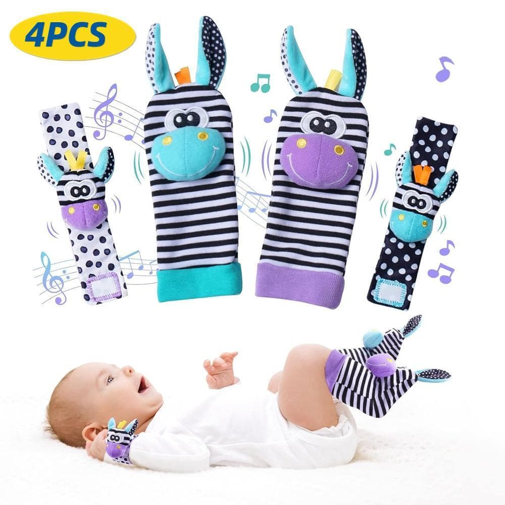 Conjunto de 4 peças de chocalhos de pulso e meias para bebês, brinquedos para bebês de 0 a 12 meses, brinquedos educativ