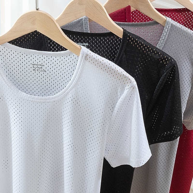Camiseta esportiva masculina roupas de secagem rápida roupas de Fitness absorvente de suor de manga curta seda gelo esti