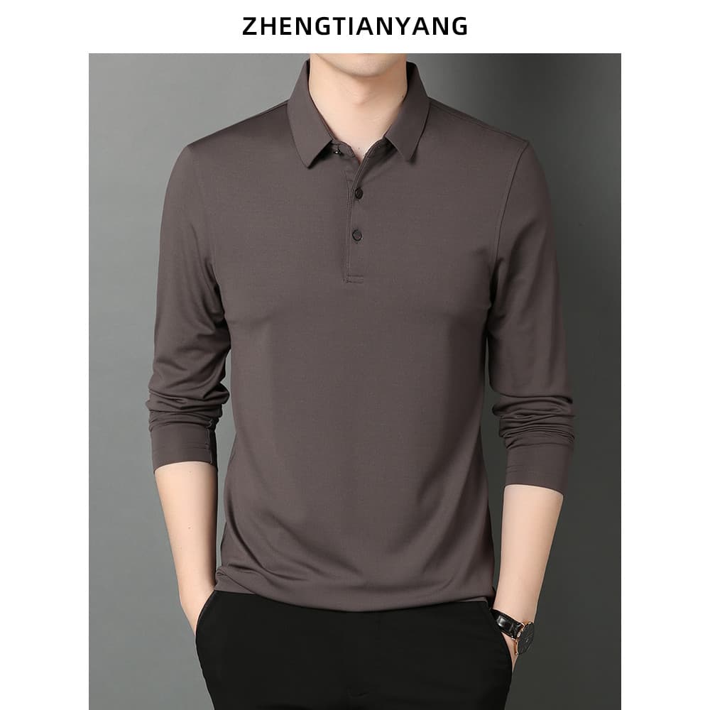 Camiseta de seda amoreira masculina de manga comprida lapela Modal negócios camisa polo primavera outono roupa interior