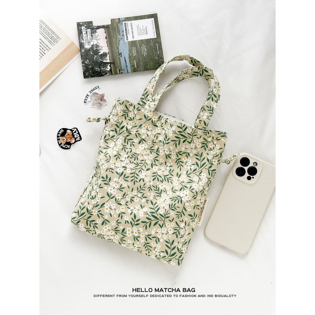 Matcha primavera 2026 algodão pano bolsa feminina cordão saco de armazenamento pequeno leve primavera verão bolsa