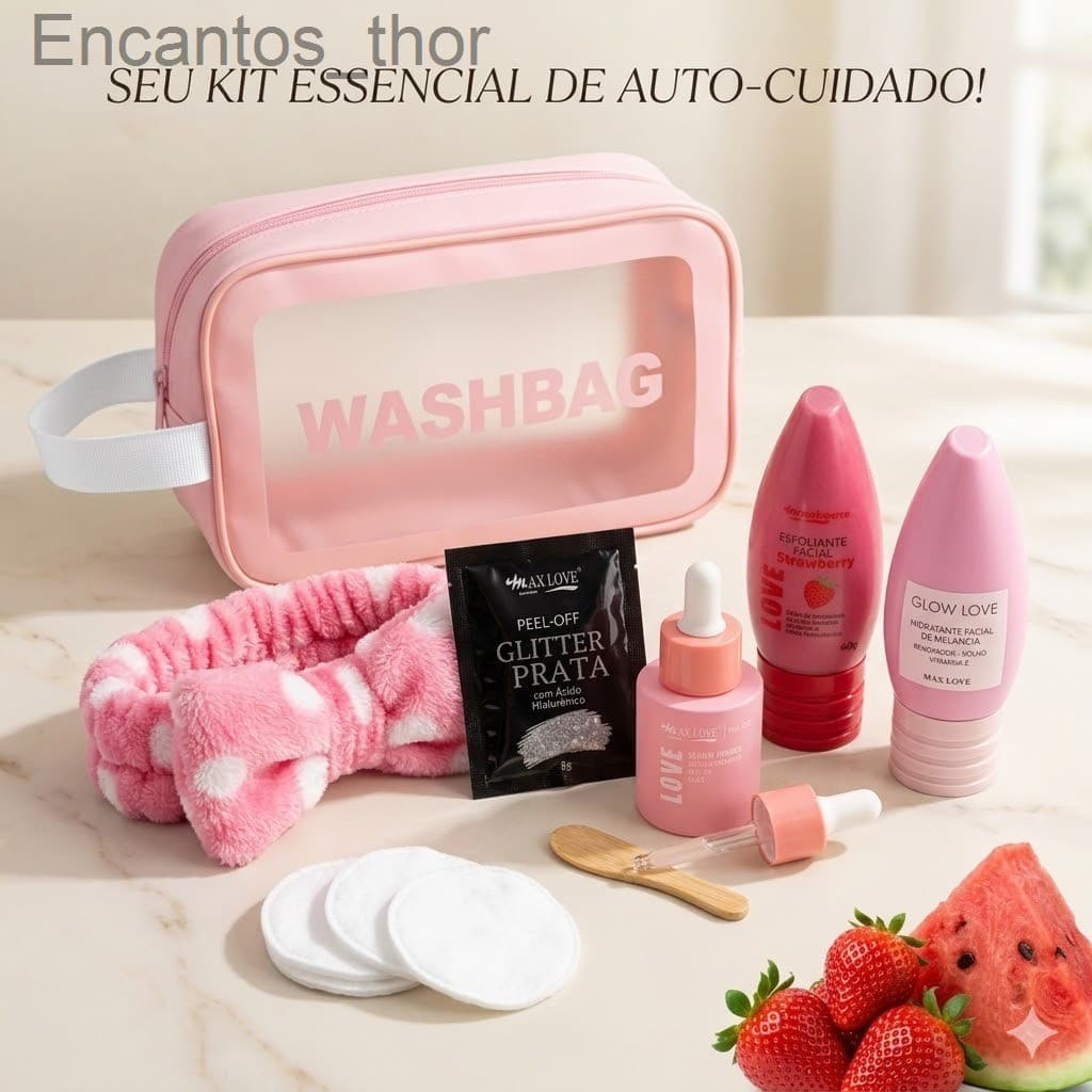 Kit Skincare Completo: Nécessaire + Hidratantes (Morango e Melancia) + Sérum Antioleosidade + Máscara Facial + Faixa6397