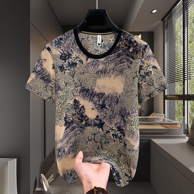 High-End verão fino novo estilo masculino seda gelo manga curta camiseta moda na moda meia manga