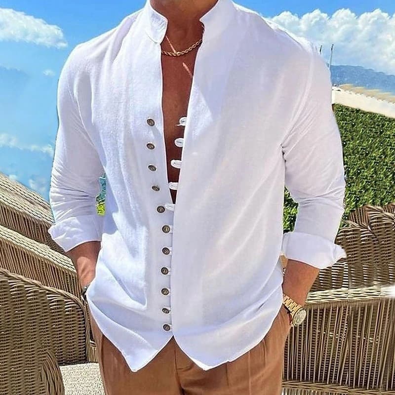 Camisa Vintage Masculina de Algodão e Linho Casual Solta de Manga Longa com Botões Moda Streetwear