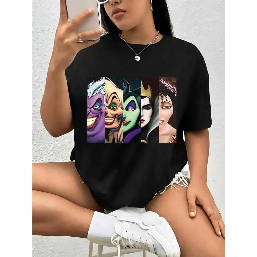 Camiseta Feminina Casual Plus Size Em Puro Algodão Com Estampa Clássica De Vilões Da Disney