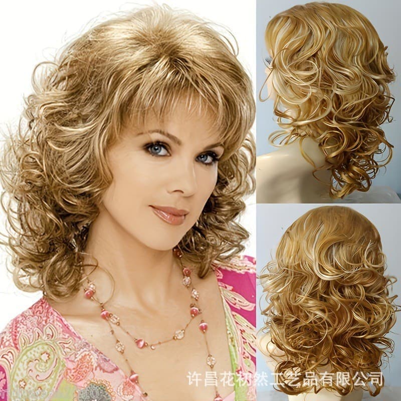 Peruca Loira Longa Cabelo Encaracolado Seda De Alta Temperatura Natural Senhoras Completa