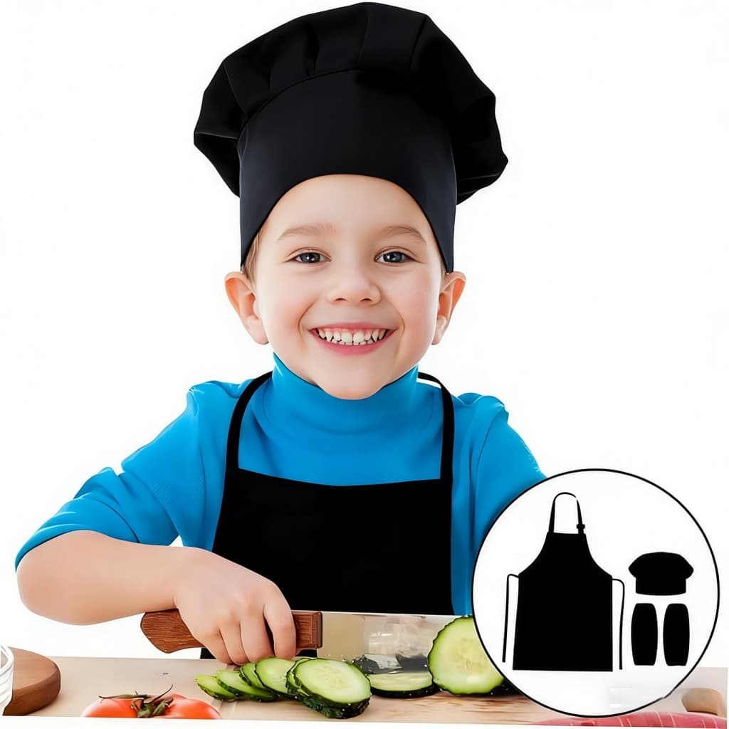 Avental infantil tamanho XL + manga + chapéu, laranja/branco/preto/vermelho, comprimento 65 cm, largura da roupa 46 cm,