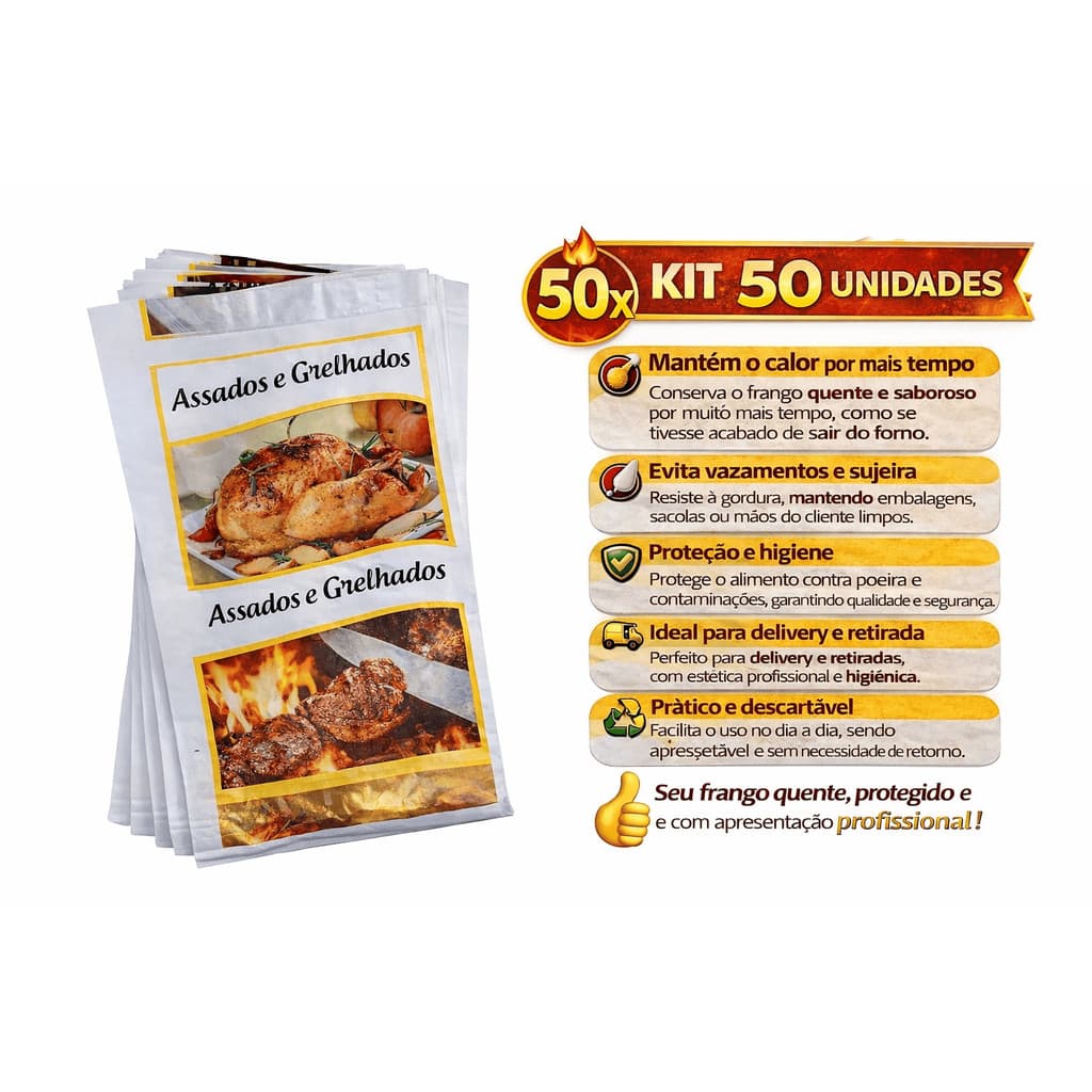 Kit 50 Saco Frango Assado  Conserva Quente Evita Vazamentos