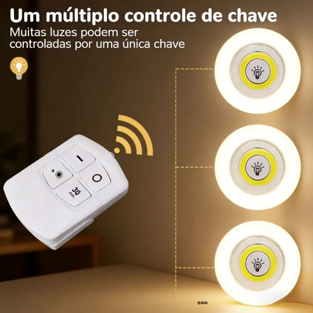Kit 3 Lâmpadas Luminária de Led Spot Sem Fio Controle Remoto Cor Branco Pilha