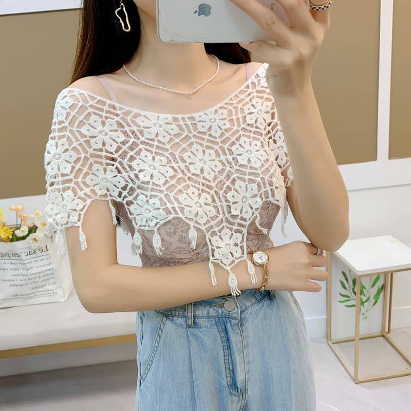 Saia combinando de malha oca blusa pequeno xale primavera verão renda curta exterior combinando estilo fino pulôver All-