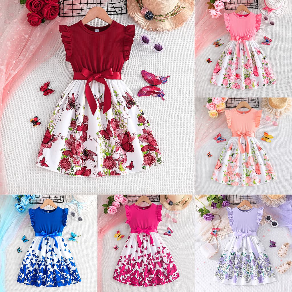 Vestido Menina 5 a 11 Anos Manga Curta Florido com Cinto Removível Rosa Pêssego Vermelho Vinho Rosa Pink Cores Presente