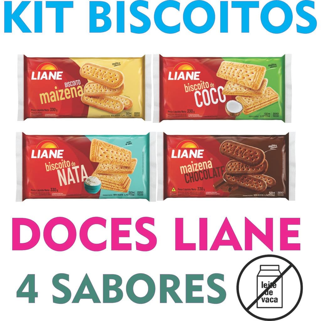 Kit 4 Biscoitos Doces Liane Zero Lactose Sortidos | 4X Biscoito Sortido | Sem Leite | Vegano