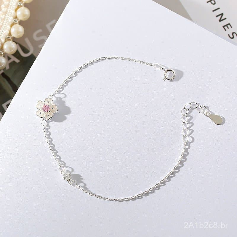 Pulseira Floral Girl Pink Diamond Cherry Blossom para Mulheres, Estilo Coreano, Flor Doce, Joia Simples e Única para Est