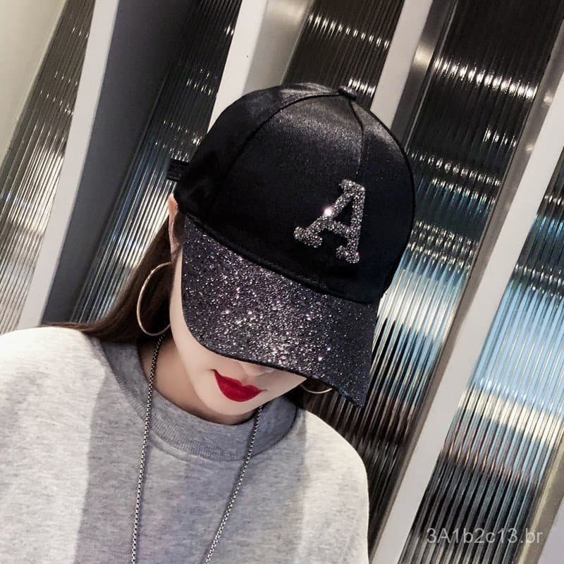 Boné de beisebol com letra A em lantejoulas e strass, boné feminino de proteção solar para primavera/verão, boné moderno