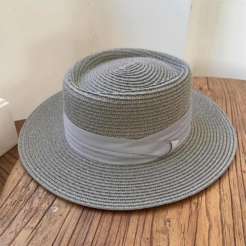T elegante chapéu de palha cinza feminino verão francês Retro plana chapéu de praia protetor solar chapéu de sol ins cha