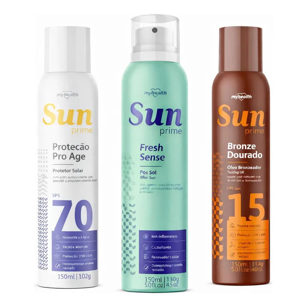 Kit Spray Protetor Solar FPS 70 Aerossol + Bronzeador 15 + Pós Sol Kit Praia Verão My Health