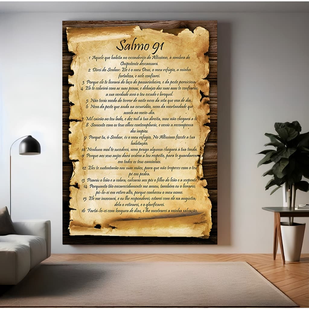 Quadro Decorativo Salmo 91 Pergaminho Fé Religioso Jesus Deus Sala Quarto Escritório