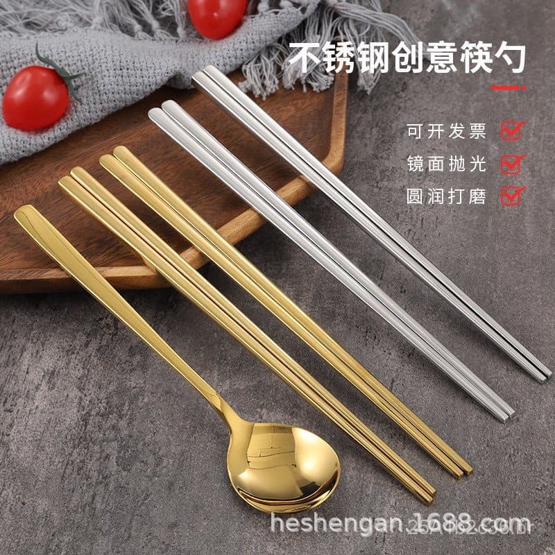 Conjunto de hashis de aço inoxidável 304 estilo coreano, utensílios de mesa coreanos com hashis planos sólidos e colher