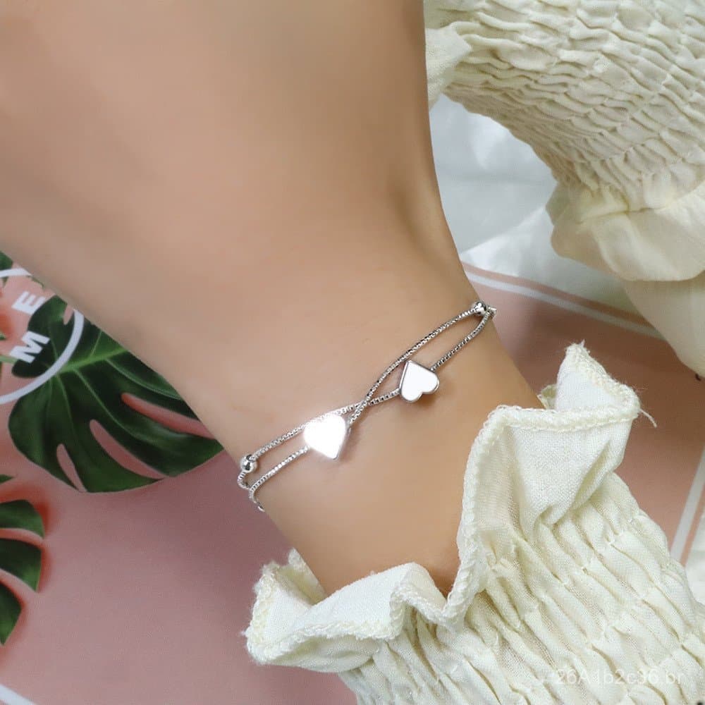 Pulseira de coração de dupla camada, estilo coreano, fresca e fofa, joia de contas em formato de coração, doce e adoráve