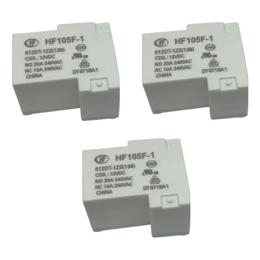 Kit 3 Relé De Potência HF105F-1 012DT 12V 20A 5 Pinos Placa
