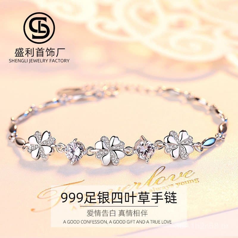 Pulseira de prata pura 999 para mulheres, elegante, com design de trevo de quatro folhas, estilo japonês e coreano, puls