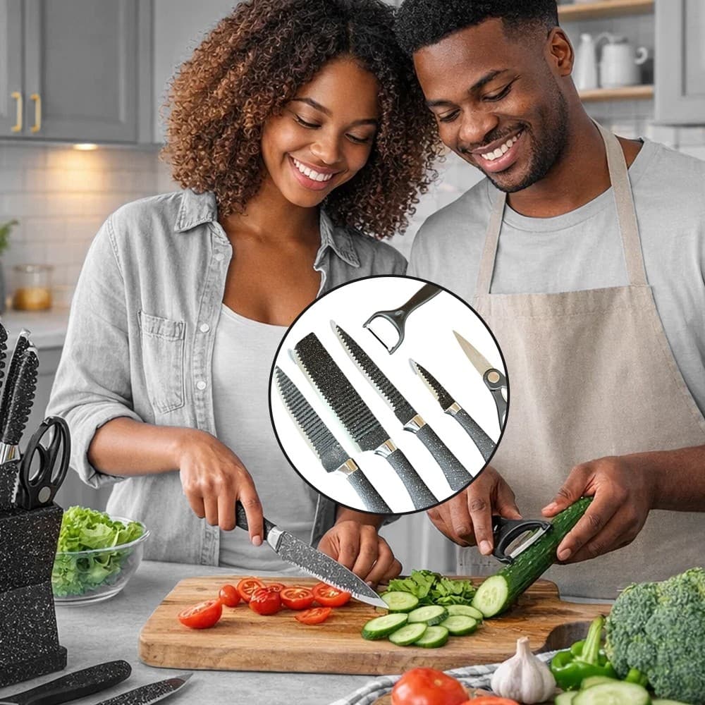 Jogo Facas 6 Peças Inox Cabo Ergonômico Lâmina Afiada Cozinha Churrasco Corte Preciso Completo