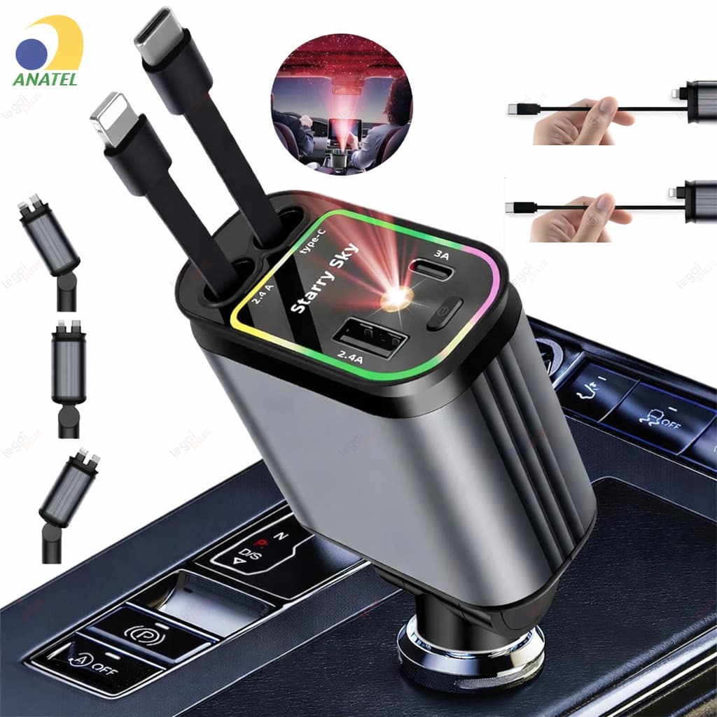 Carregador Retrátil para Carro 4 em 1 TURBO com Luz LED 180° Ajustável e Cabo Flexível para iPhone Android