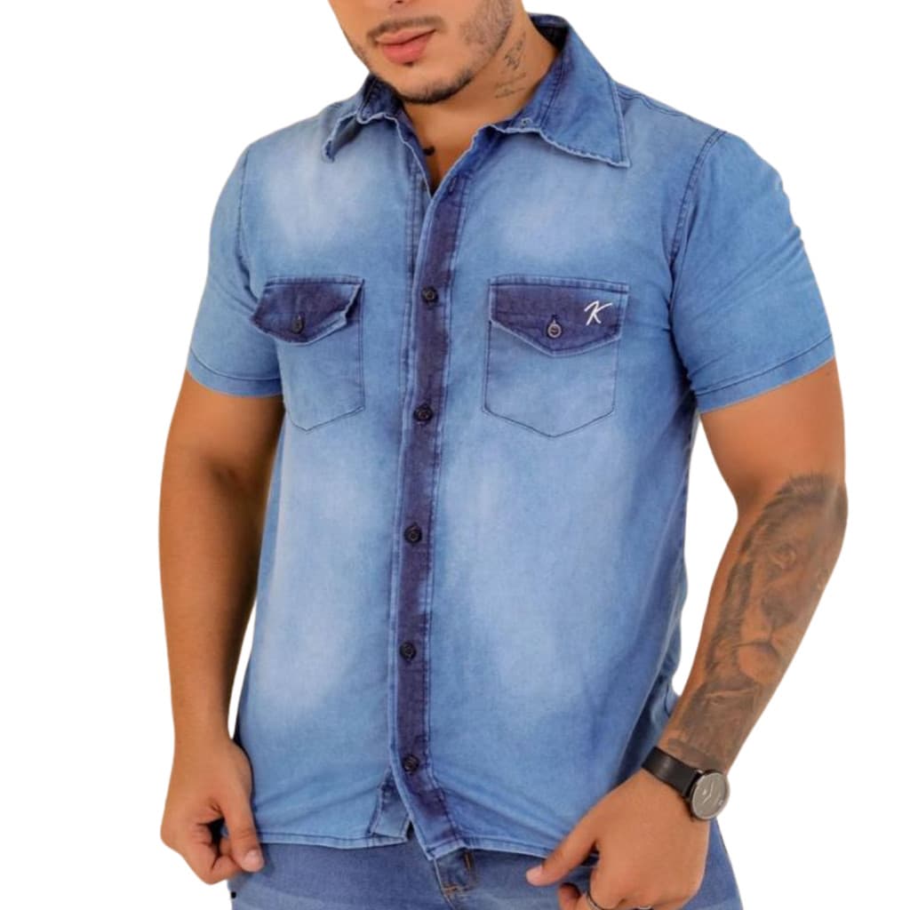 Camisa Jeans Msculima Marmorizada Manga Curta