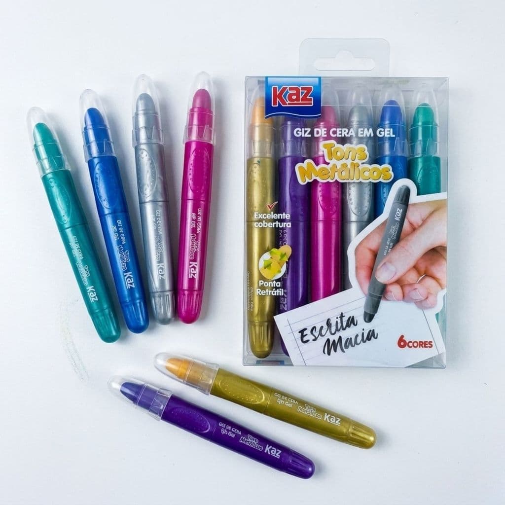 Kit 6 Cores Canetinha Retrátil Metálica Giz de Cera em Gel  Efeito Brilhante Escrita Macia Kaz