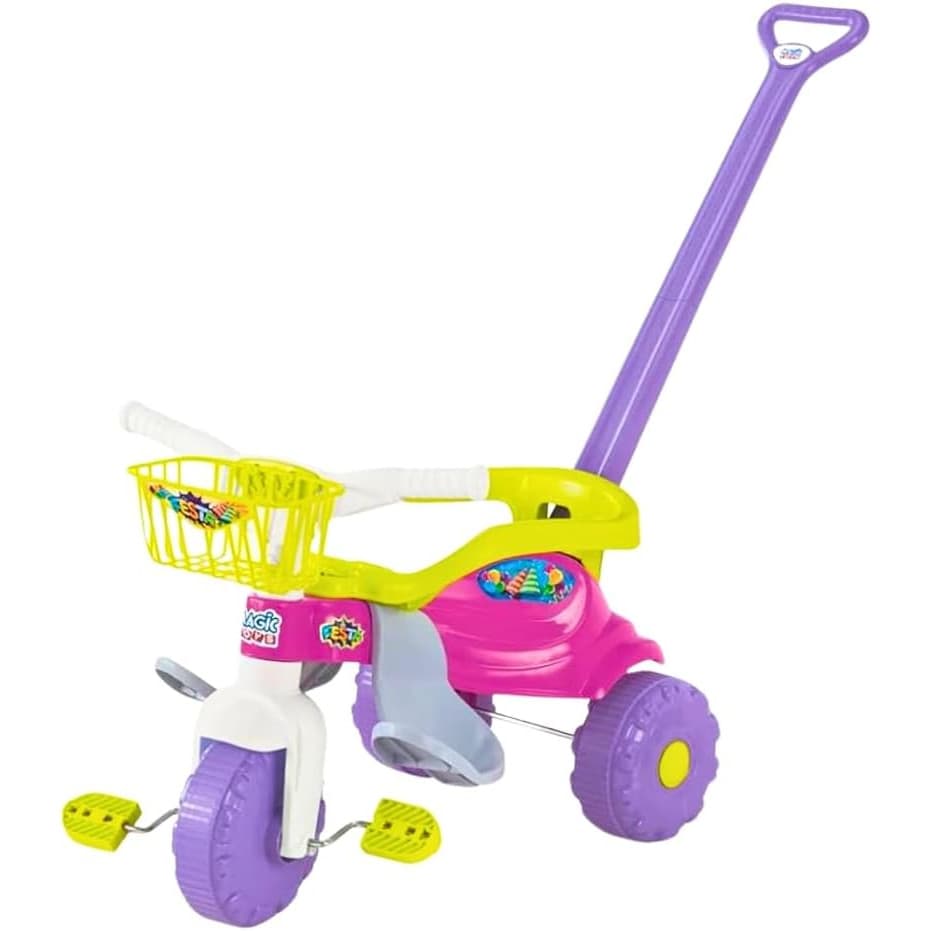 Triciclo Infantil Festa Rosa Com Haste Empurrador Aro Proteção Apoio Para PésO Triciclo Infantil Festa Rosa é a escolha