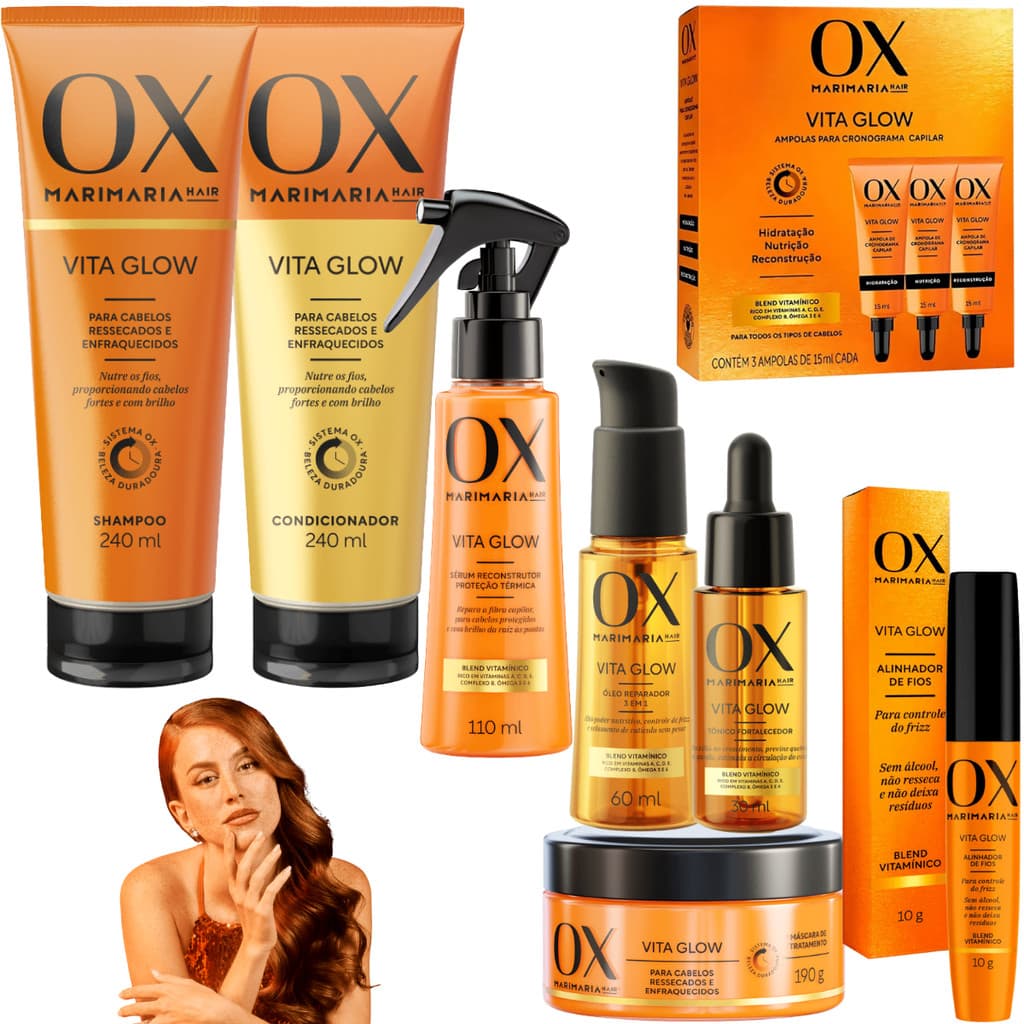Kit OX Vita Glow Nutrição Total Óleo Tônico Mascara Leave-In
