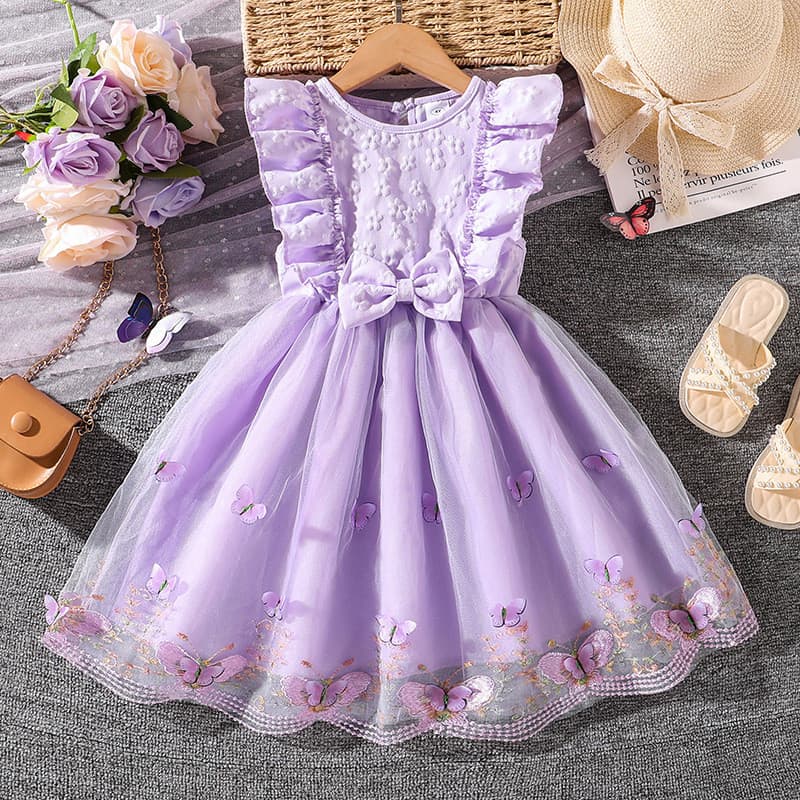 Vestido Infantil De Princesa Verão Novo Doce Flor Tule Sem Mangas Bebê Menina Borboleta Bordado Design