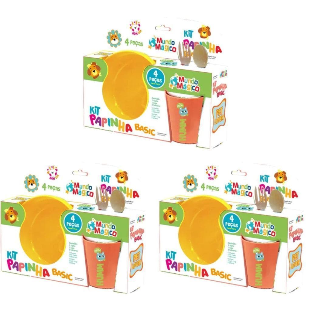 3 Kit  Papinha Basic Mundo Mágico 4 Peças Infantil garfo ,colher, prato e caneca Home Play - Reds