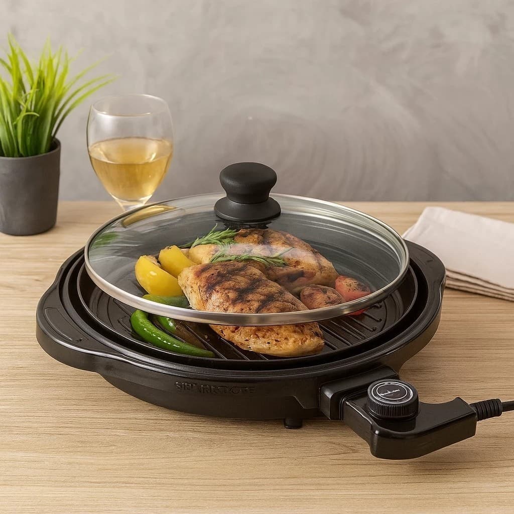 Churrasqueira Elétrica Grill Redondo Premium 1200W 127V 220V Frituras Alimentos Rápidos