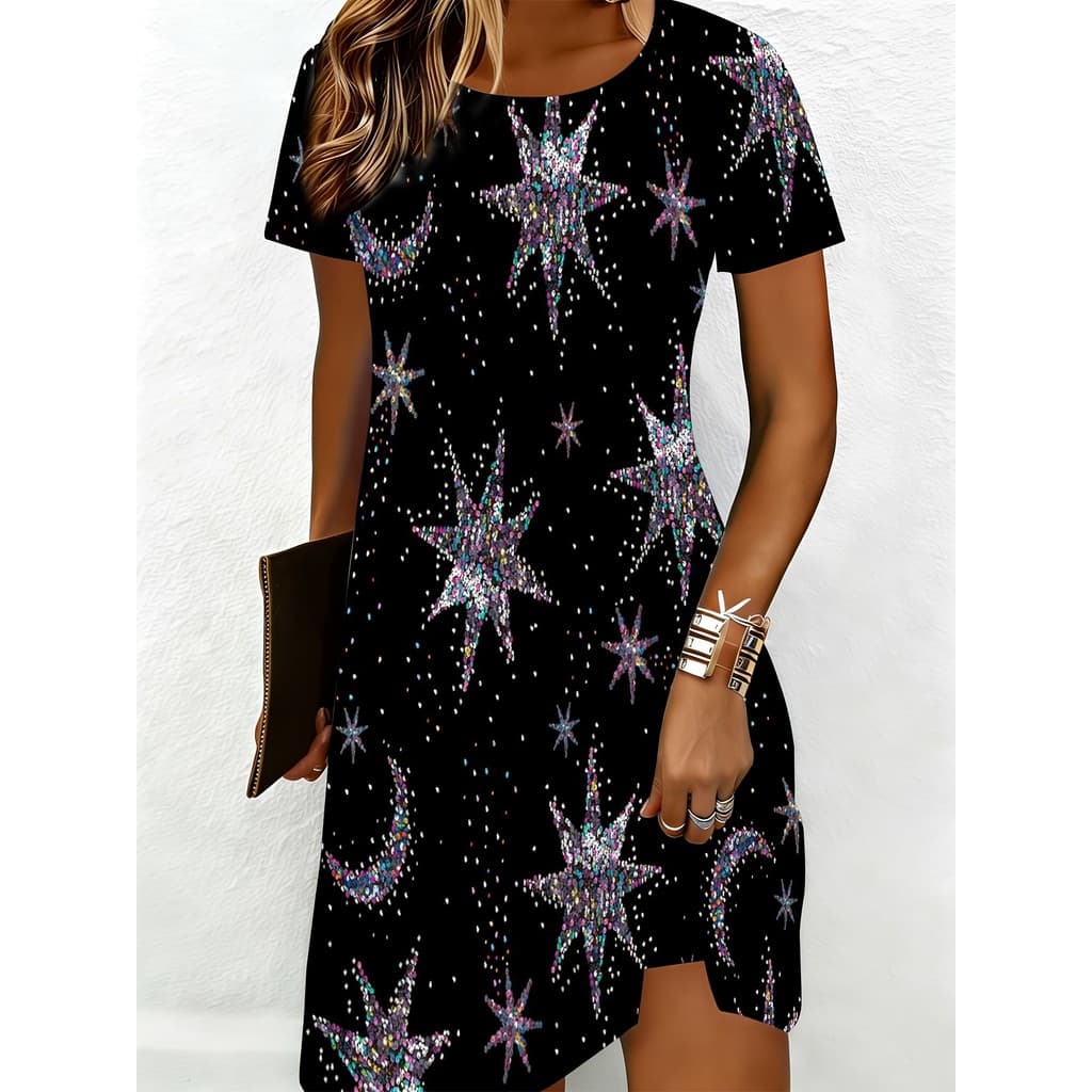 Vestido de manga curta preto estrela lua estampa fantasia de festa
