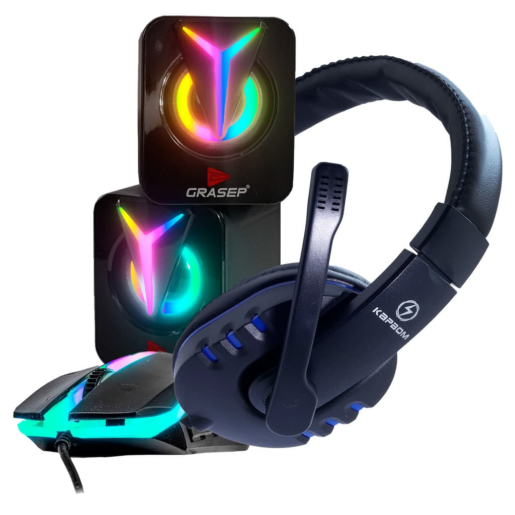 Caixa De Som Pc Gamer + Fone Headset Gamer + Mouse LED Chroma Note Computador Tv Mac USB P2