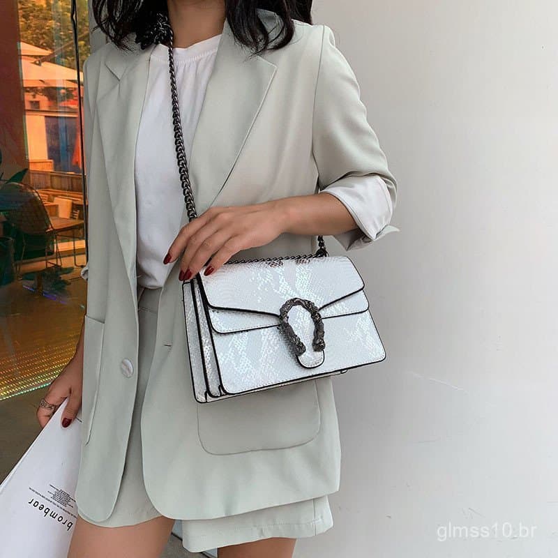 Bolsa feminina com padrão de pele de cobra, nova bolsa quadrada pequena com corrente para o outono, bolsa feminina de pe