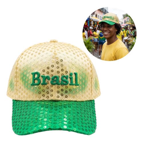 Boné Brasil Copa Lantejoulas Verde Amarelo Brasil Bordado Am Amarelo/ Verde Un Lantejoulas