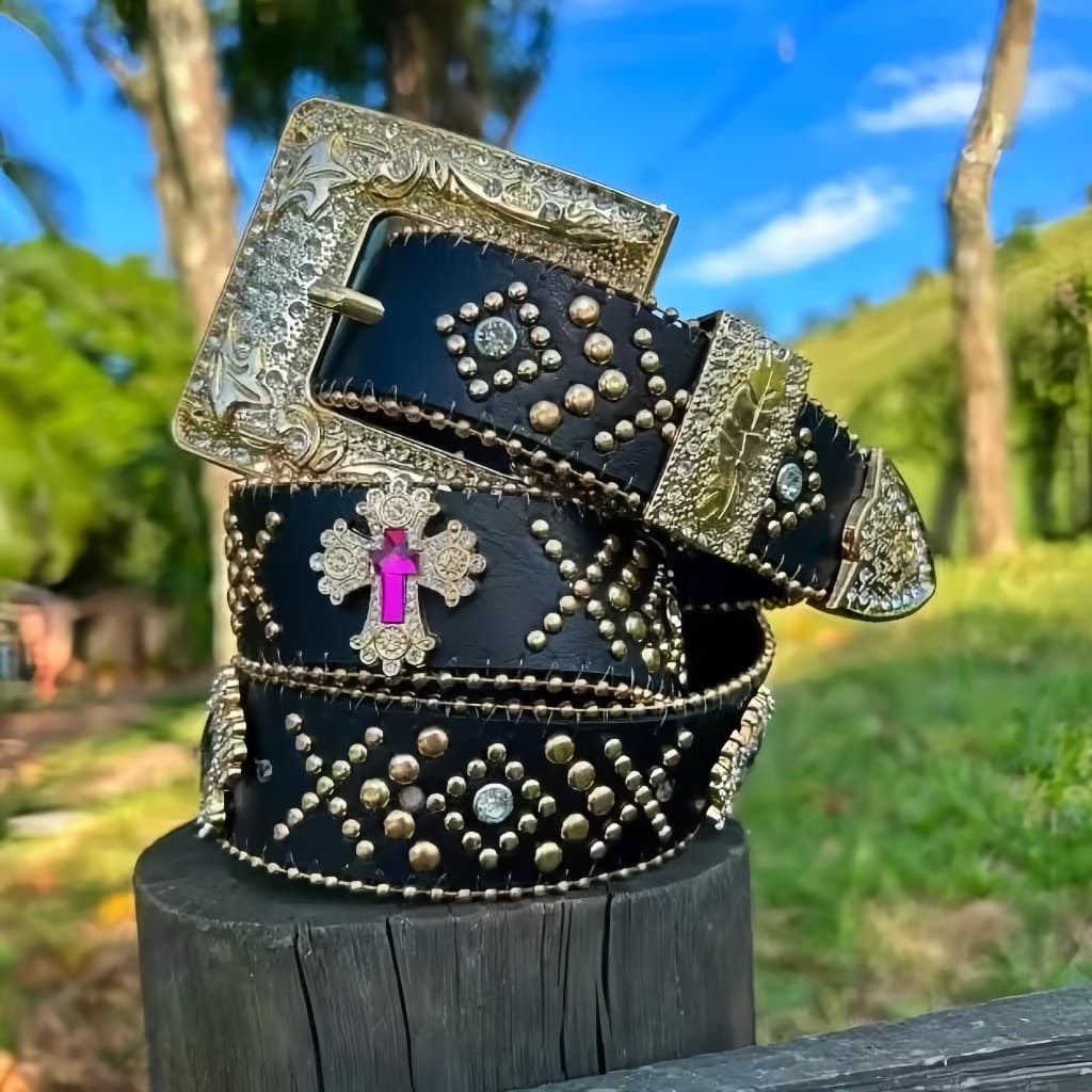 Cinto feminino plus size estilo country com strass e rebites brilhantes 金十字架加长