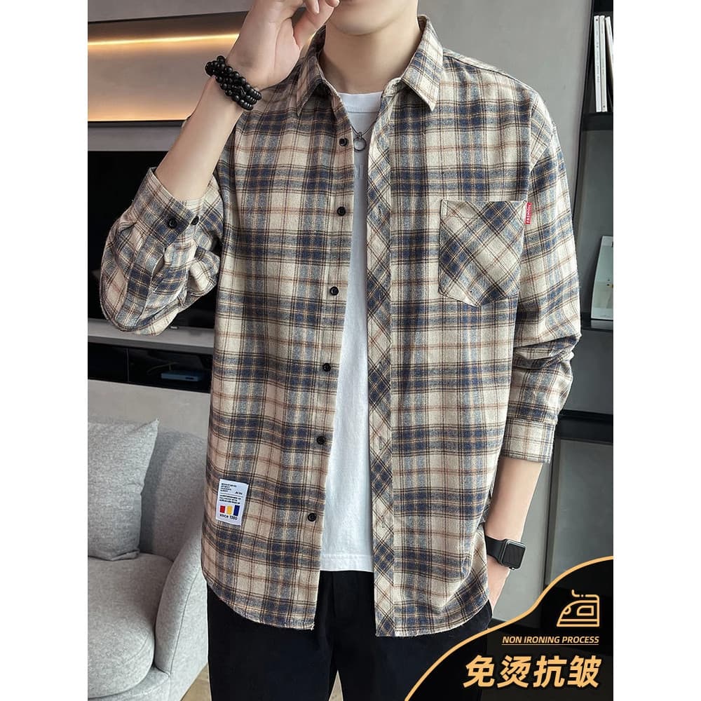Camisa xadrez masculina 2026 primavera Street Wear High-End camisa de manga comprida verão lapela solta roupas casuais j