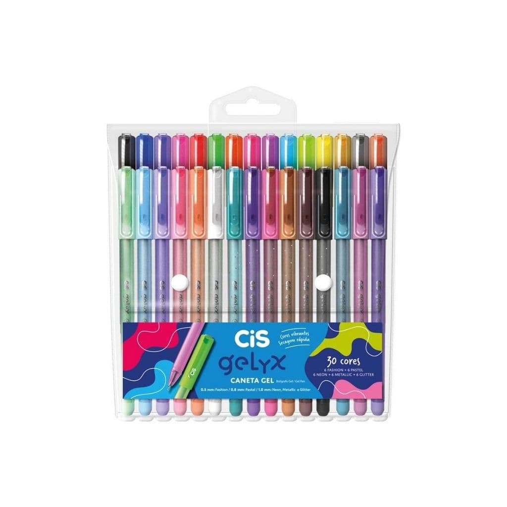 CANETA GEL GELYX CIS ESTOJO 30 CORES FASHION PASTEL NEON METALLIC GLITTER