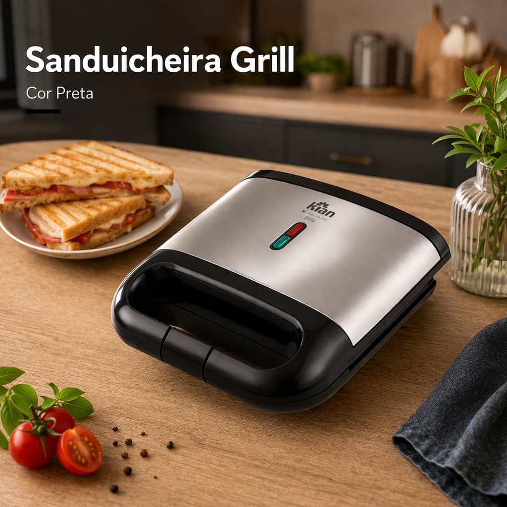 Sanduicheira Grill Preto 750W 127V Lanches Sanduíches Praticidade Antiaderente Compacta