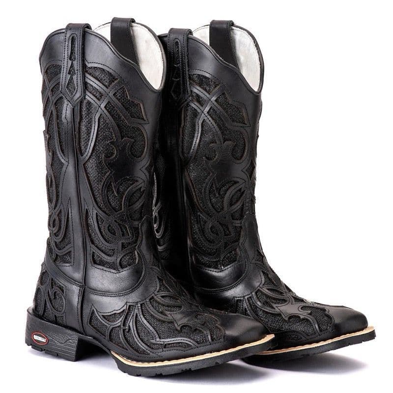 Bota Texana Feminina Country toda em Couro Legitimo Bico Quadrado Bordado a Laser ENVIO IMEDIATO