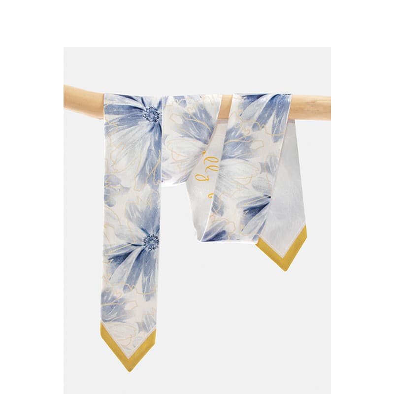 {Zhiwu Original} Margarida Azul Gelo ~ Lenço de Seda Pequena Tira Longa Feminina Estreita Amarrada Faixa de Cabelo Bolsa
