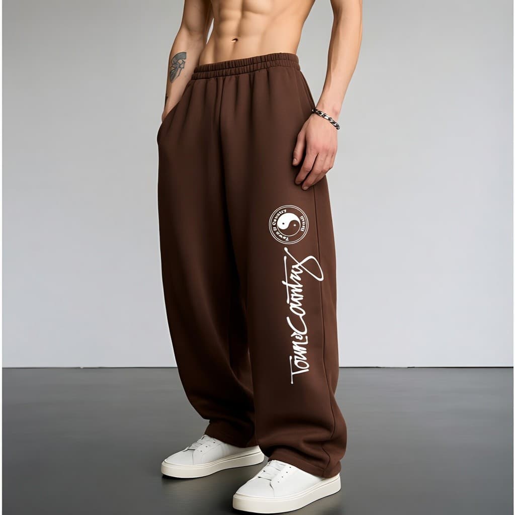 Calça Wide Leg Moletom Unissex Larga Baggy Flanelada Estilo Urbano Yng Yang Algodão Moda Tendencia
