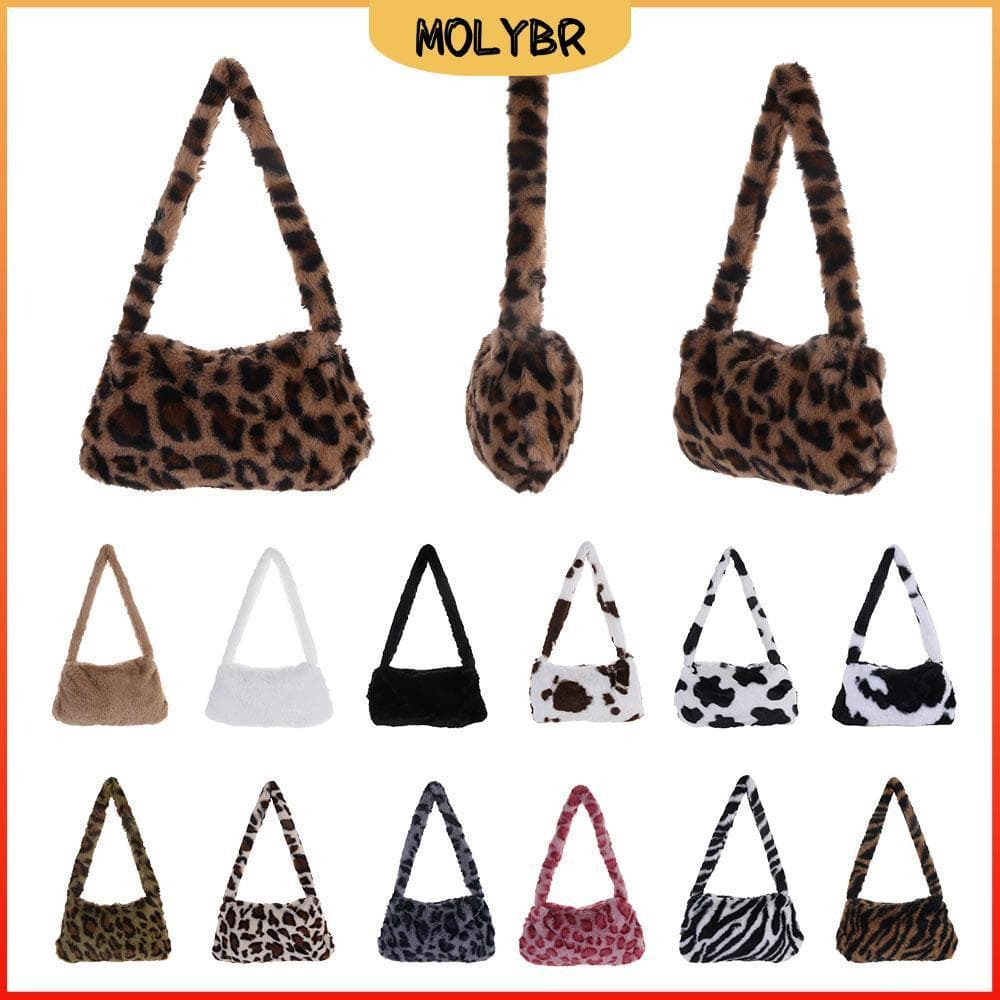 MOLYBR Mala De Mão De Pelúcia Para O Braço Inferior Bolsa De Inverno Impressão Leopardo Macio