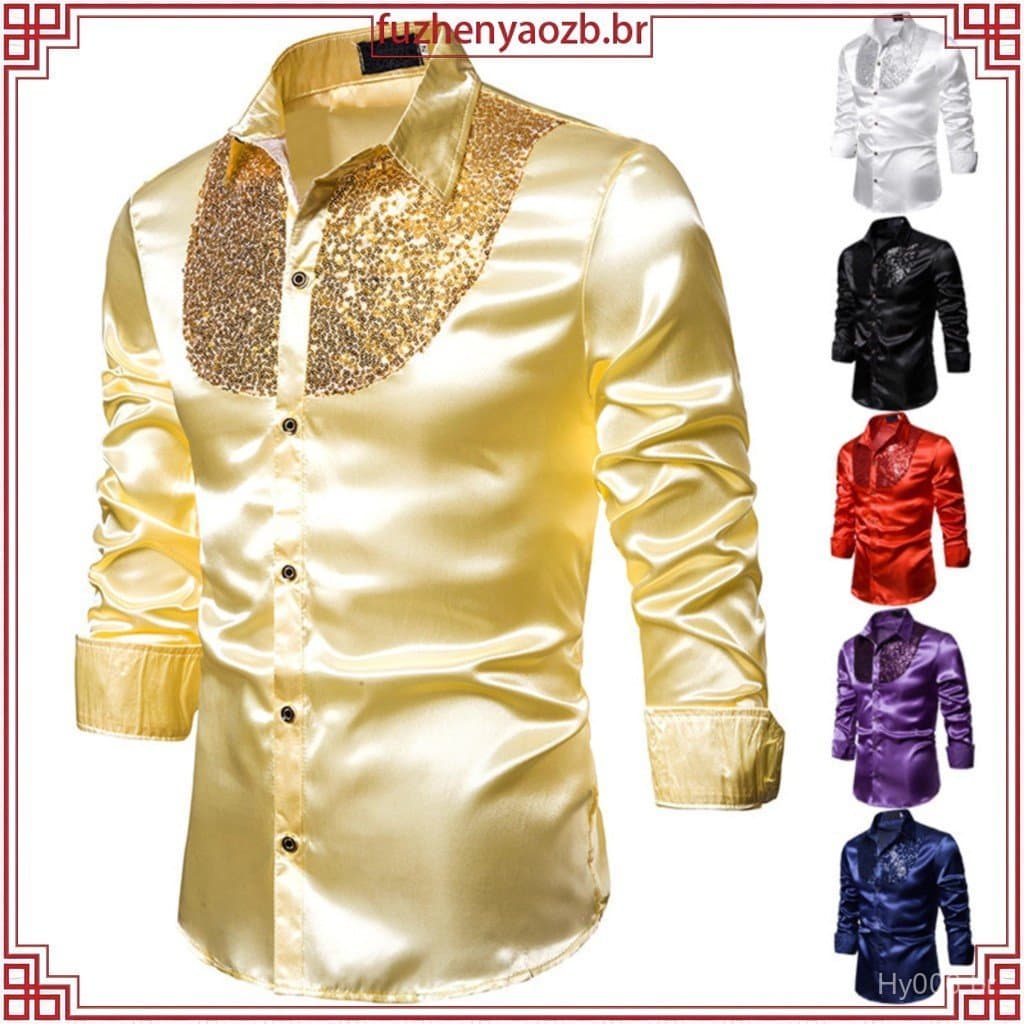 Camisa Social Masculina Slim Fit de Cetim com Lantejoulas de Luxo Personalizadas, Manga Longa Elegante HFUH