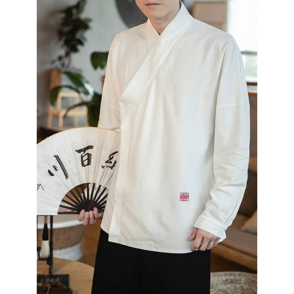 Estilo chinês primavera algodão linho camisa de manga comprida Tang terno camisa chinesa Hanfu interior Layman roupas Ba